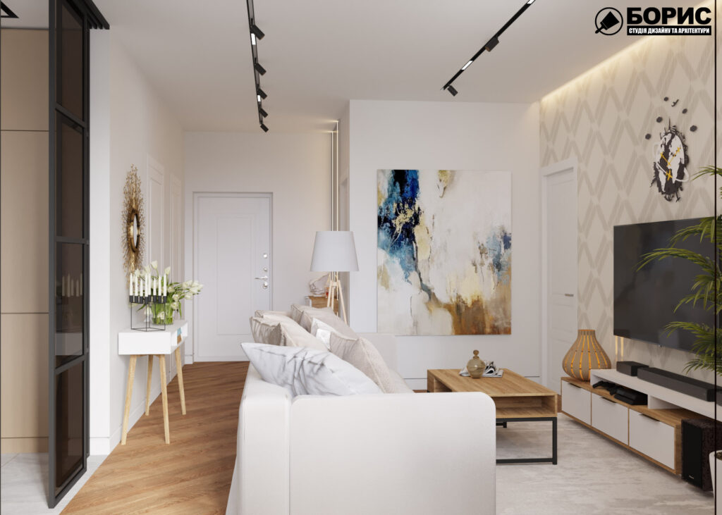 Дизайн интерьера квартиры ЖК «Инфинити», гостиная вид на выход из комнаты
