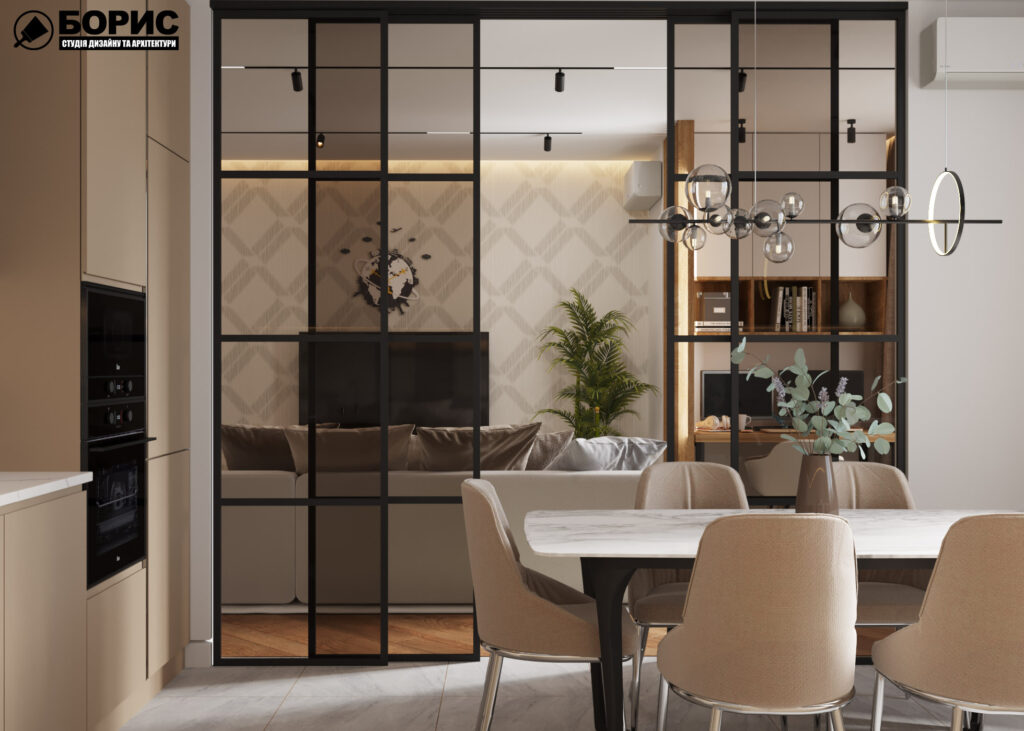 Дизайн интерьера квартиры ЖК «Инфинити», кухня вид на стол и перегородку