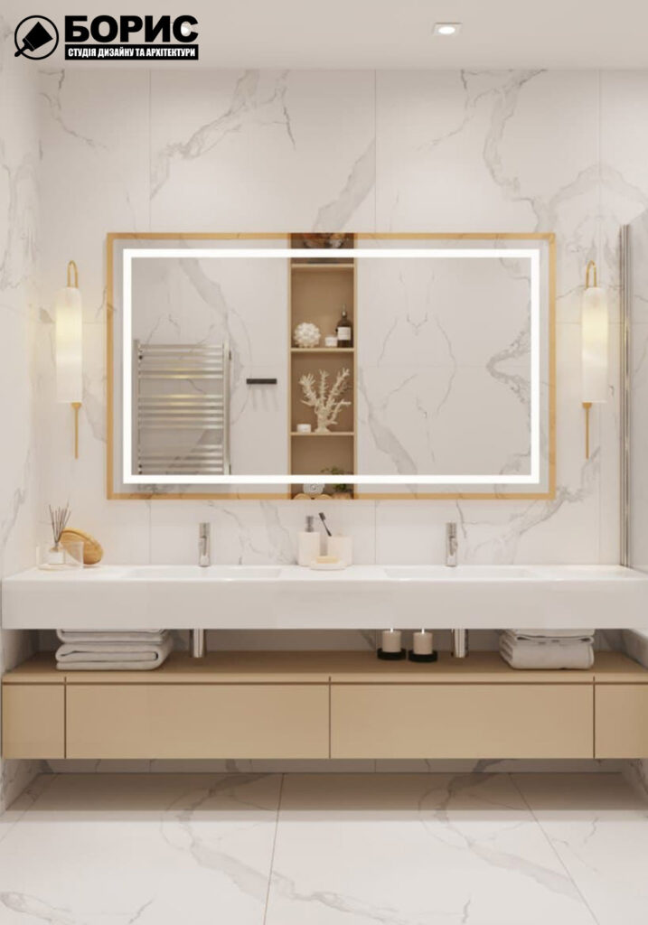 Дизайн интерьера квартиры ЖК «Инфинити», санузел вид на зеркало,