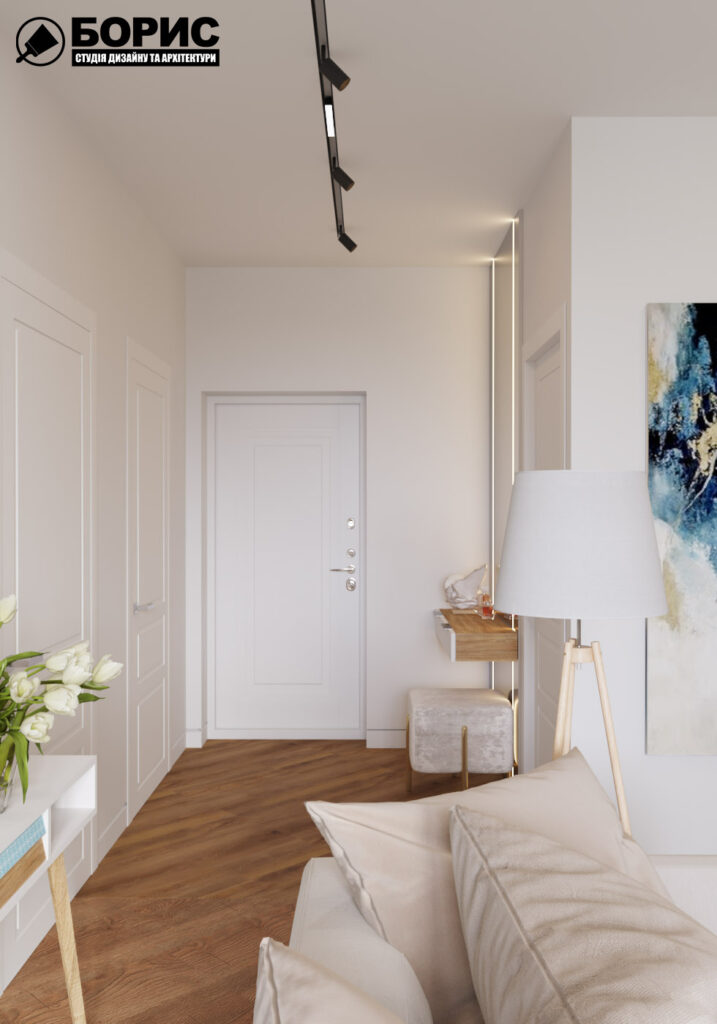 Дизайн интерьера квартиры ЖК «Инфинити», гостиная с видом на вход