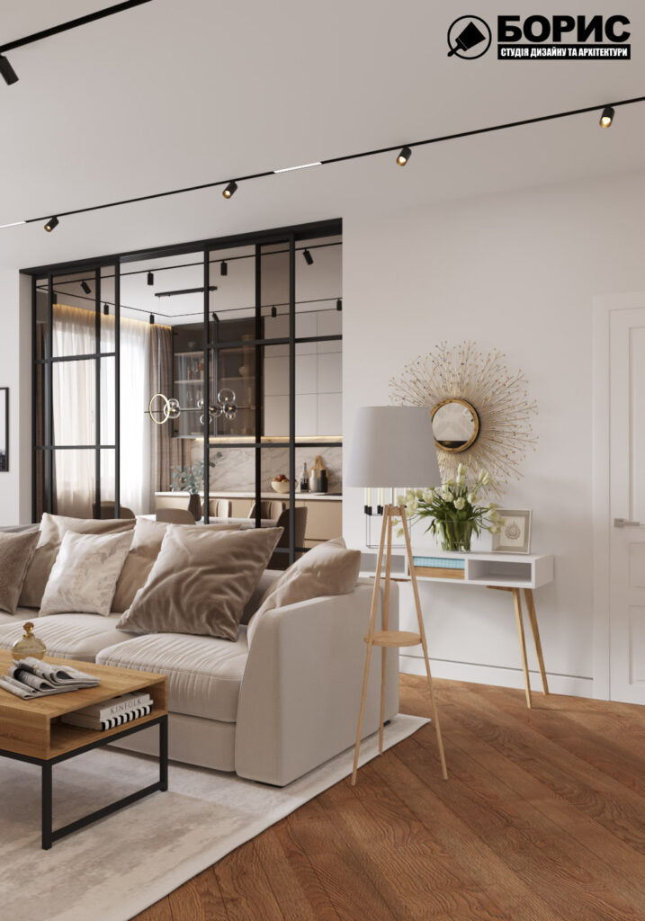 Дизайн интерьера квартиры ЖК «Инфинити», гостиная вид на зону отдыха под углом