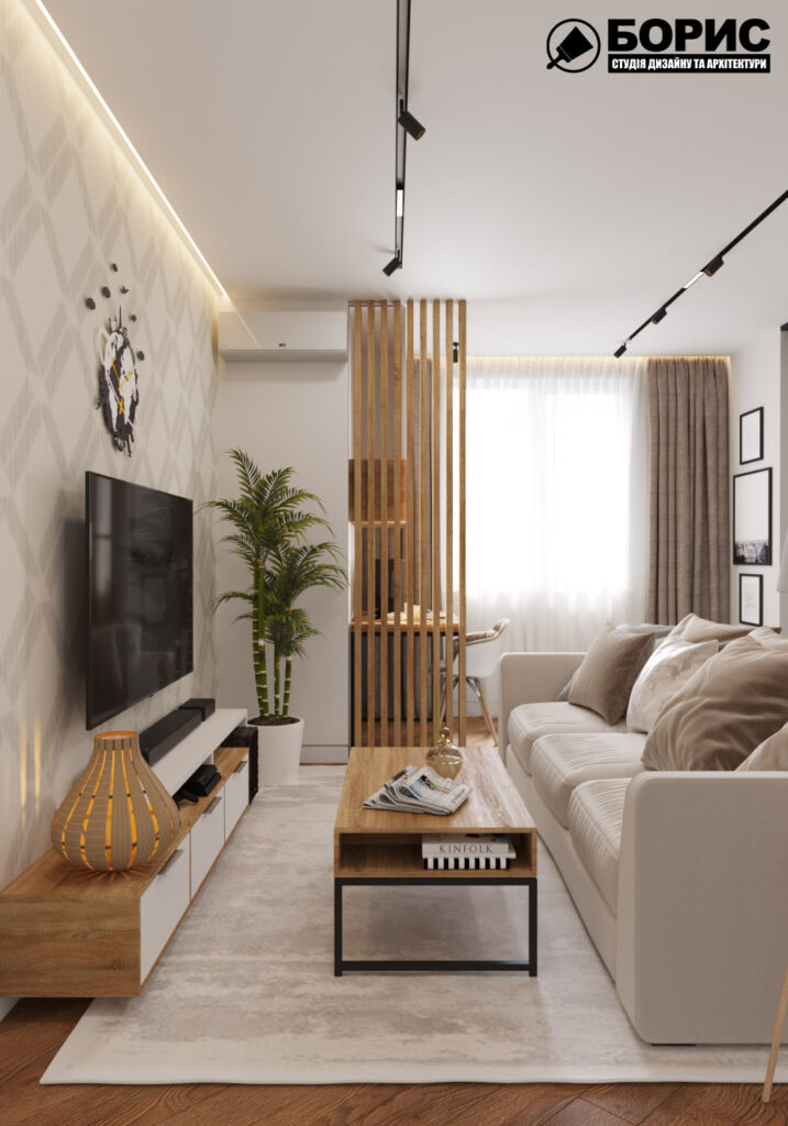 Дизайн интерьера квартиры ЖК «Инфинити», гостиная вид на диван и телевизор