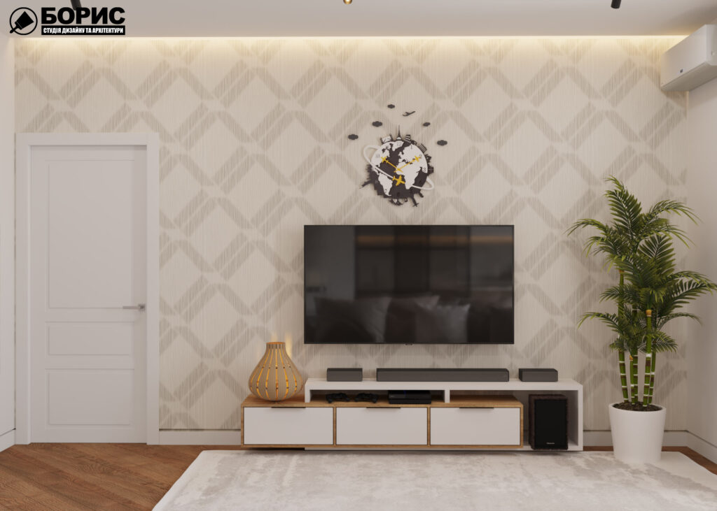Дизайн интерьера квартиры ЖК «Инфинити», гостиная с видом на тумбу под TV