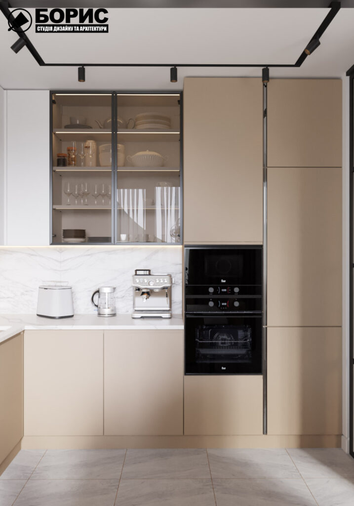 Дизайн интерьера квартиры ЖК «Инфинити», кухня вид с правой стороны