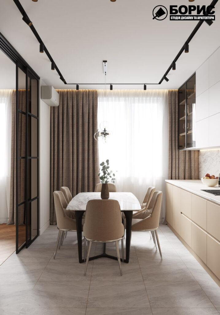 Дизайн интерьера квартиры ЖК «Инфинити, кухня с видом на стол и стулья