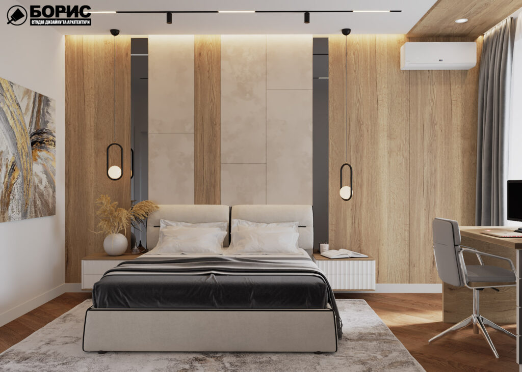 Дизайн интерьера квартиры ЖК «Инфинити», спальня с видом на кровать а по центру