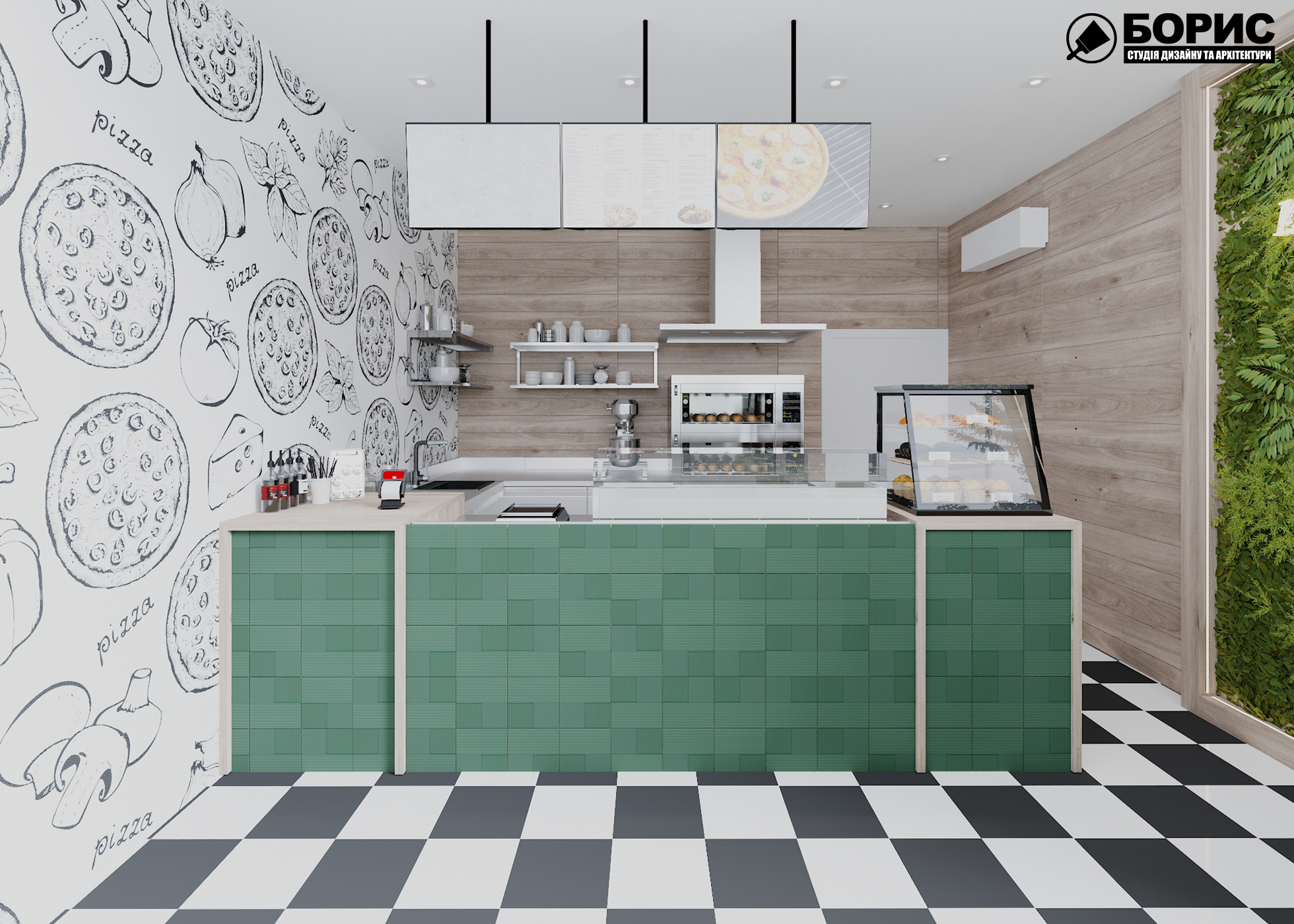 Дизайн интерьера пиццерии в Кирилловке BORISSTUDIO