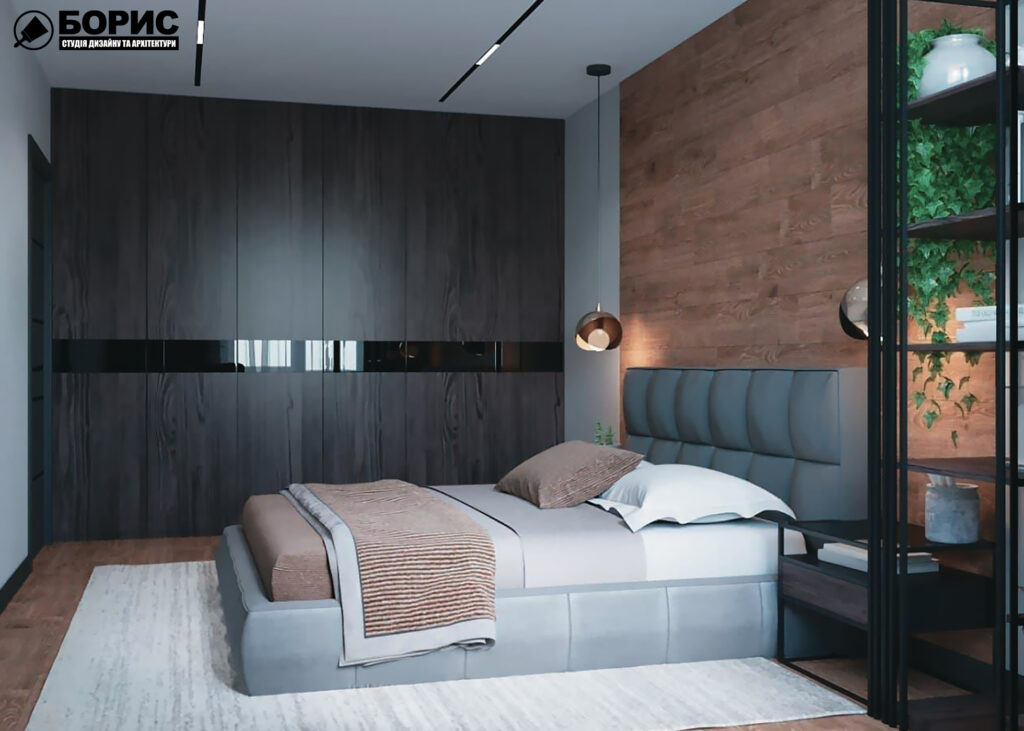 Дизайн-проект интерьера квартиры ЖК "Сказка", спальня вид на кровать и шкаф