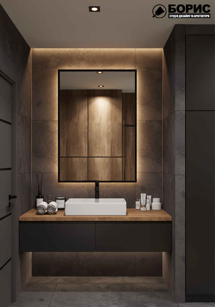 Дизайн-проект интерьера квартиры ЖК "Сказка", санузелвид на зеркало