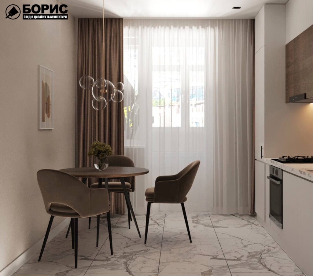 Дизайн-проекту інтер'єру однокімнатної квартири ЖК "Левада 2" ,кухня вид на обідню зону вид ліворуч