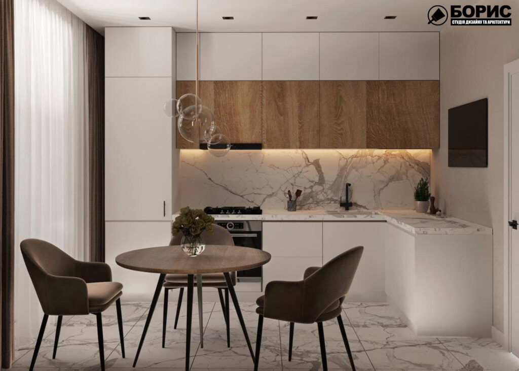 Дизайн-проекту інтер'єру однокімнатної квартири ЖК "Левада 2", кухня вид в цілому