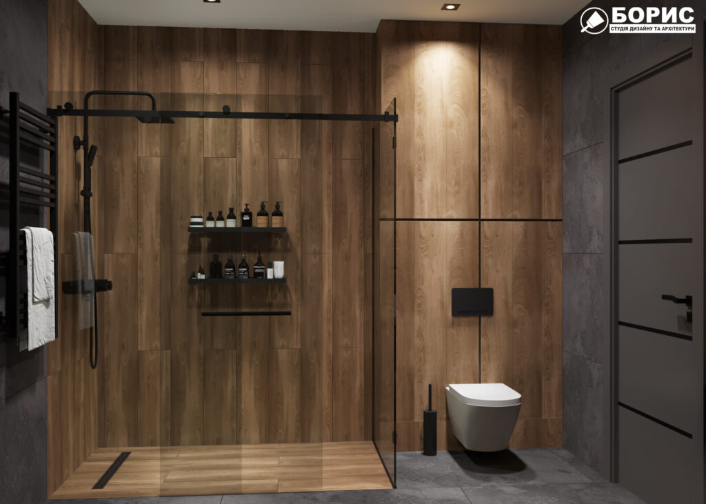 Дизайн-проект интерьера квартиры ЖК "Сказка", санузел вид на душевую кабинку