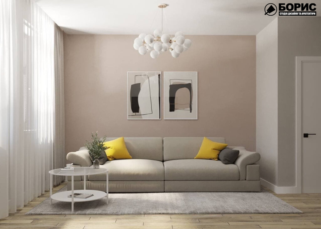 Дизайн-проекту інтер'єру однокімнатної квартири ЖК "Левада 2" ,вітальня вид на диван