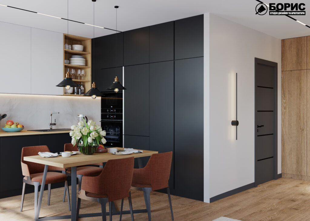 Дизайн-проект интерьера квартиры ЖК "Сказка", кухня-гостиная вид под углом