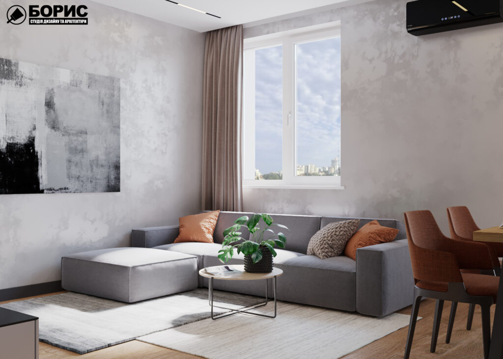 Дизайн-проеку інтер'єру квартири ЖК «Казка» ,кухня-вітальня вид на диван