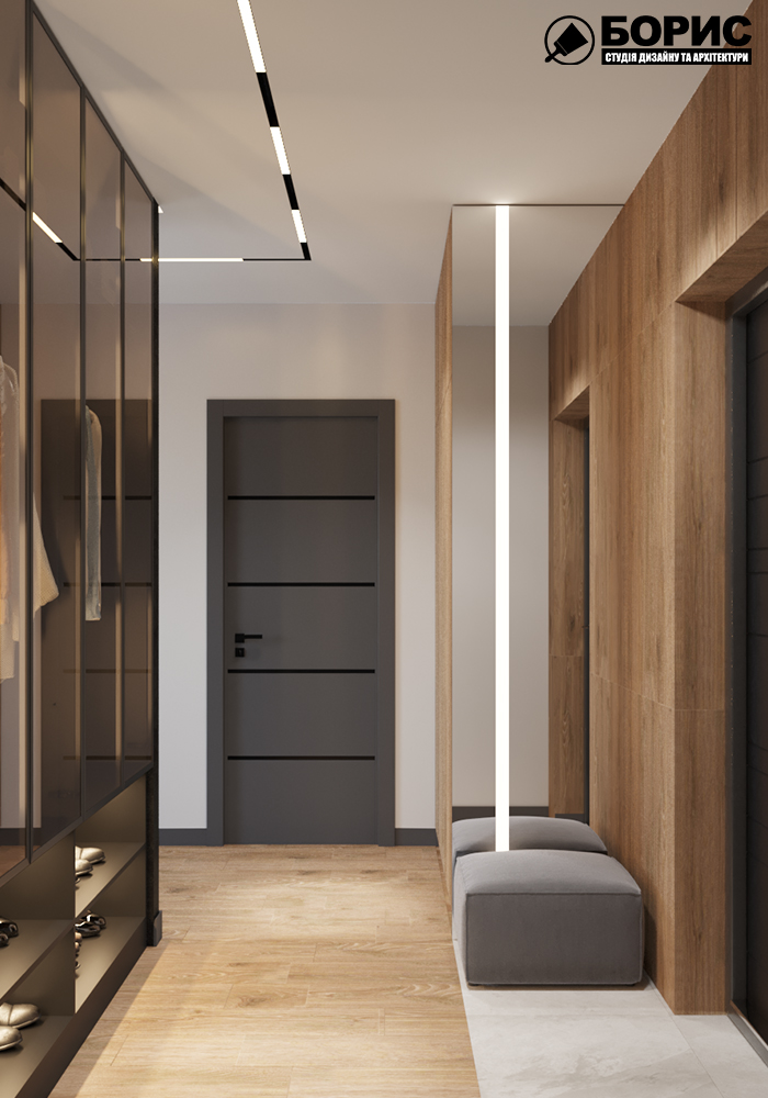 Дизайн-проект интерьера квартиры ЖК "Сказка", прихожая вид на коридор