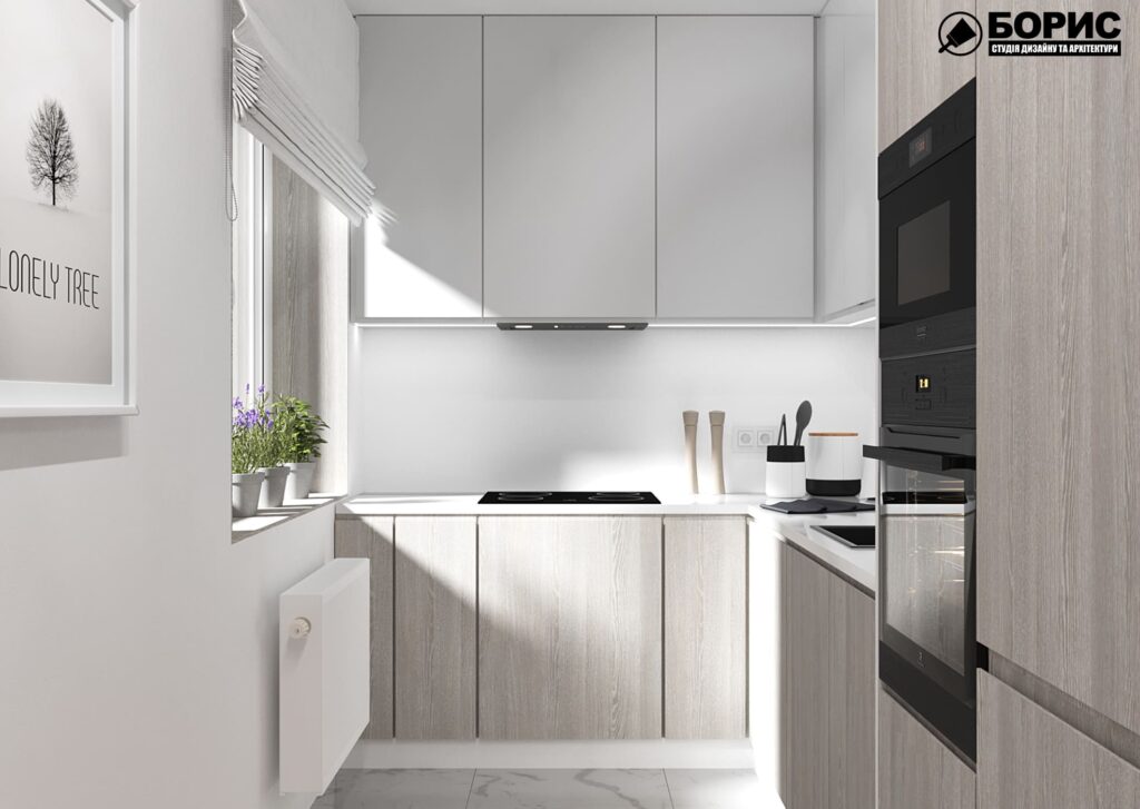 Дизайн-проект интерьера квартиры по улице Полтавский Шлях, кухня с видом от входа