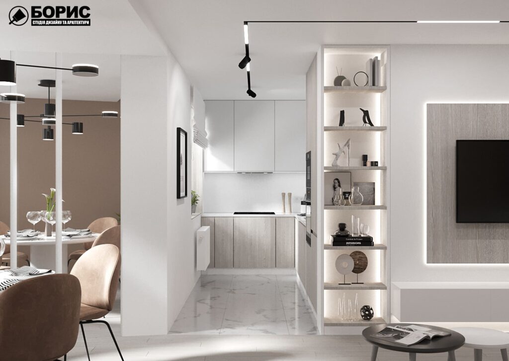Дизайн-проект інтер'єру квартири по вулиці Полтавський Шлях, вітальня з видом на кухню