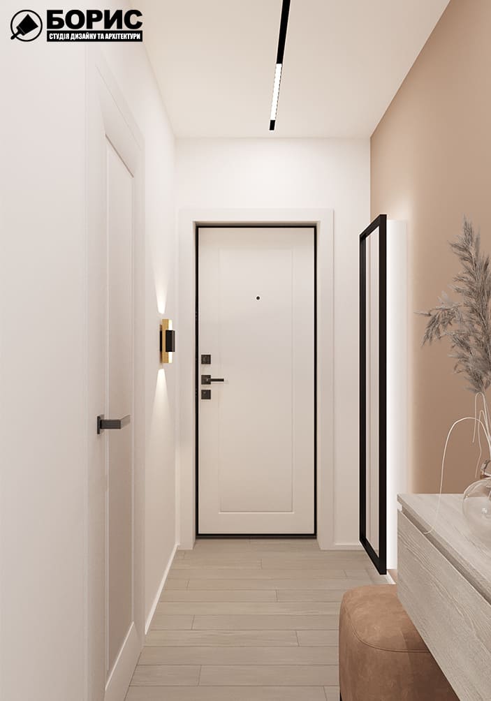 Дизайн-проект интерьера квартиры по улице Полтавский Шлях, гостиная с видом на вход