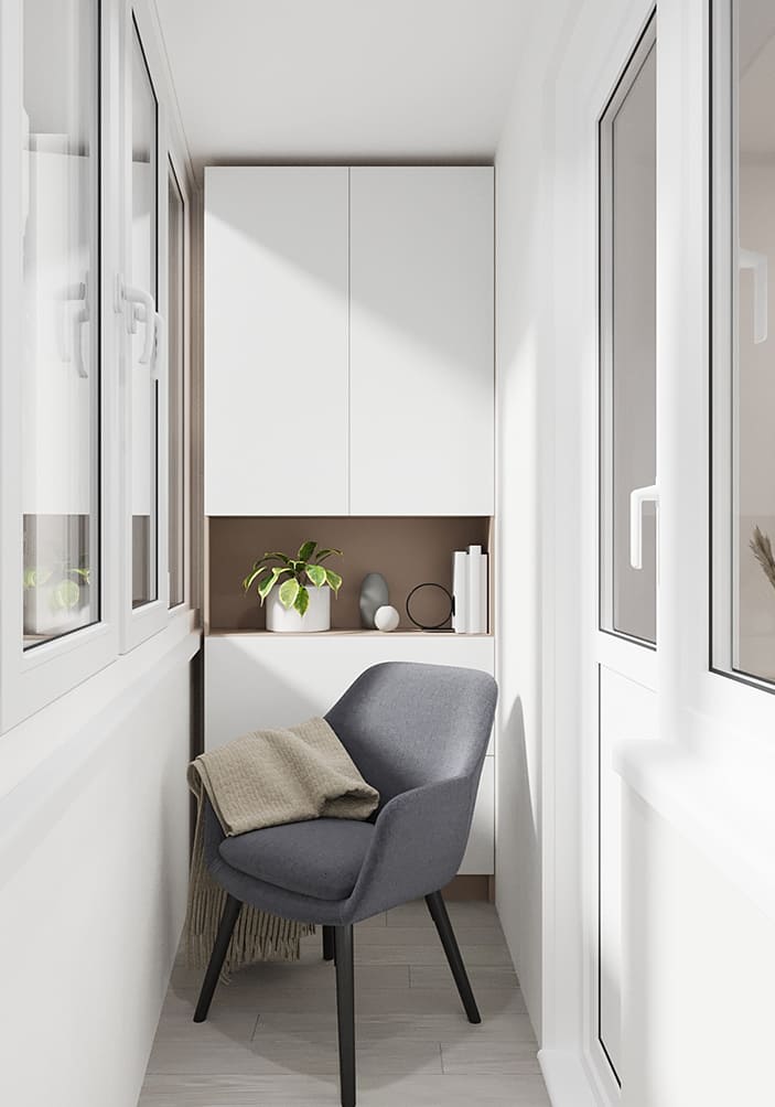 Дизайн-проект інтер'єру квартири по вулиці Полтавський Шлях, лоджія з видом на крісло