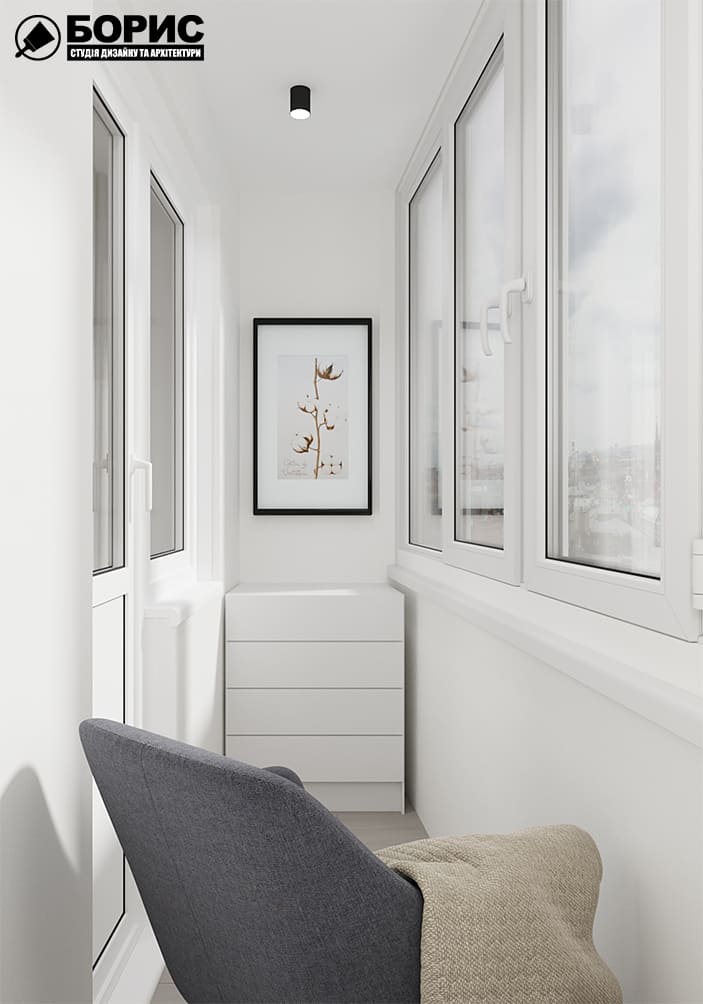 Дизайн-проект интерьера квартиры по улице Полтавский Шлях, лоджия с видом на картину