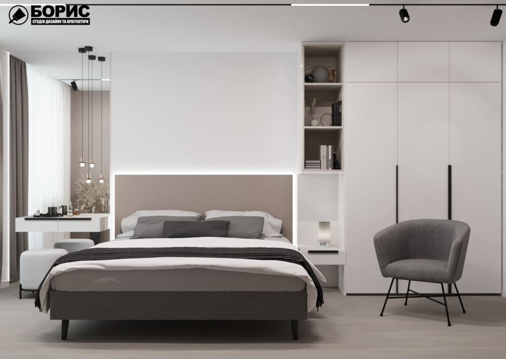 Дизайн-проект интерьера квартиры по улице Полтавский Шлях, спальня с видом на кровать по центру