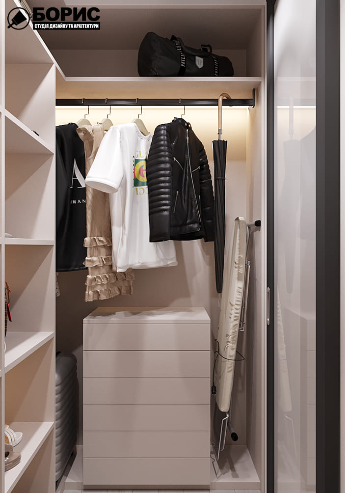 Дизайн-проект інтер'єру квартири по вулиці Полтавський Шлях, гардероб з видом праворуч