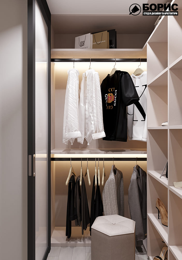 Дизайн-проект інтер'єру квартири по вулиці Полтавський Шлях, гардероб з видом ліворуч