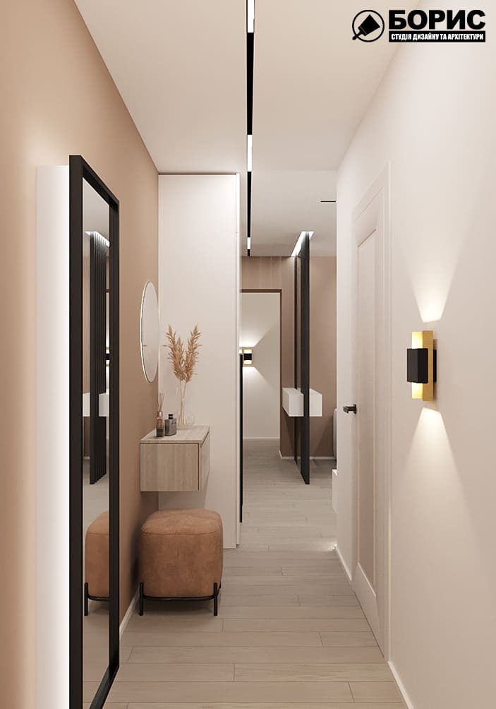 Дизайн-проект интерьера квартиры по улице Полтавский Шлях, гостиная вид от входа