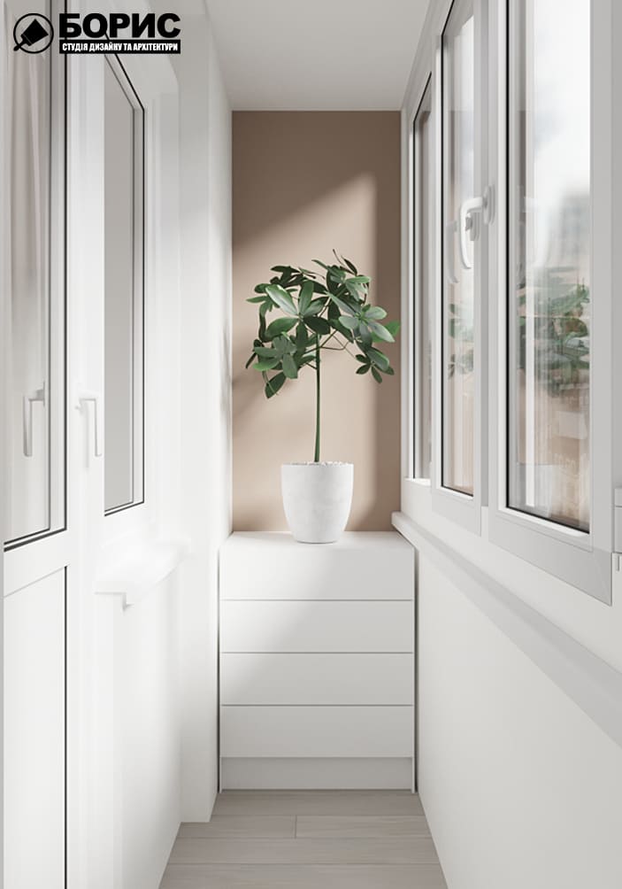 Дизайн-проект інтер'єру квартири по вулиці Полтавський Шлях, балкон з видом ліворуч