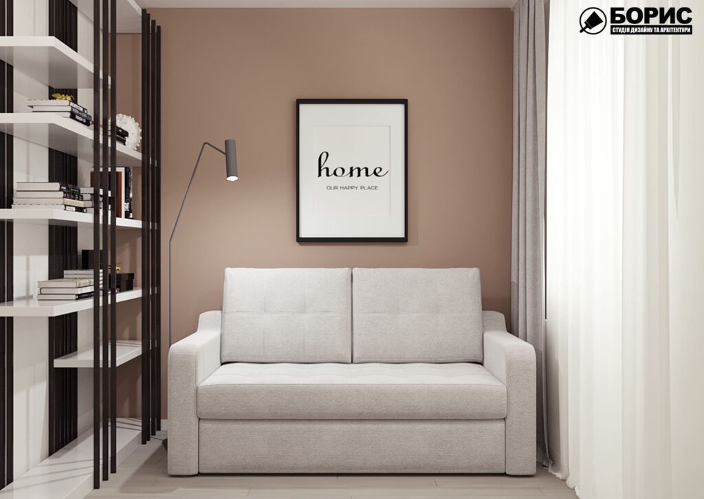 Дизайн-проект интерьера квартиры по улице Полтавский Шлях, прихожая с видом на диван и картину