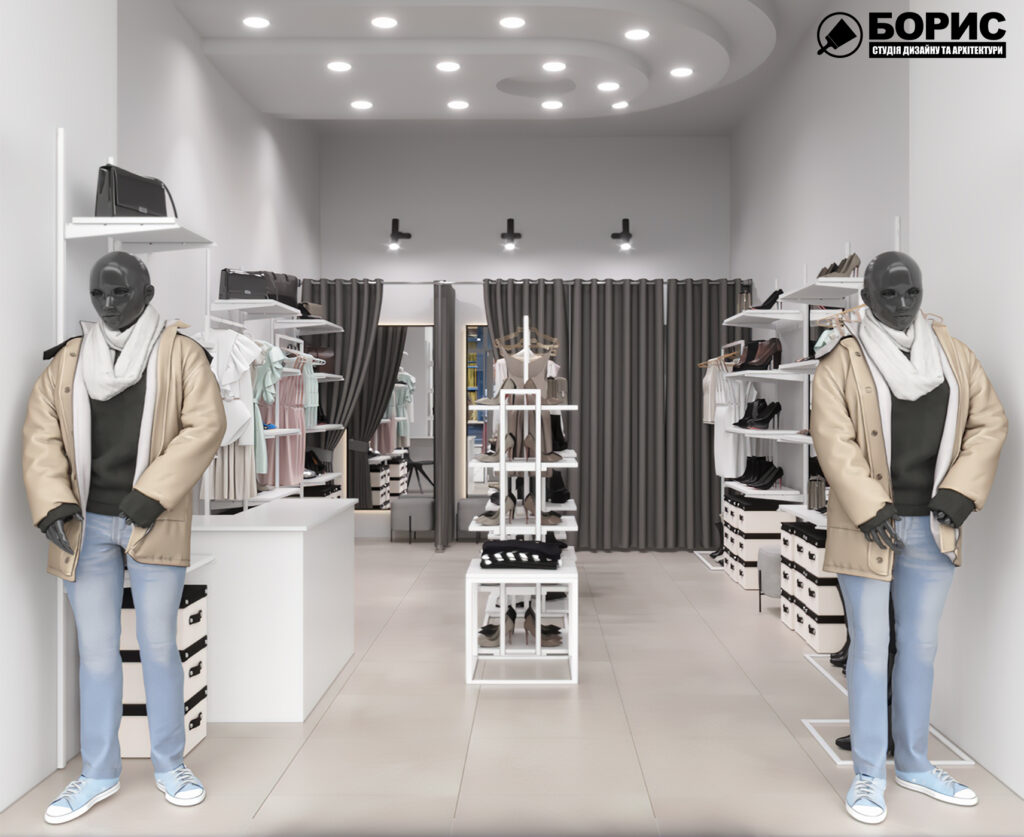 Дизайн інтер'єру магазину жіночого одягу і взуття, вид на магазин в цілому