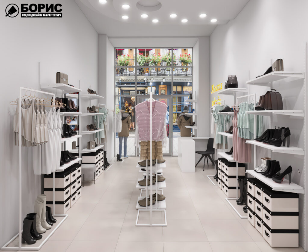Дизайн интерьера магазина женской одежды и обуви, вид с конца зала на вход