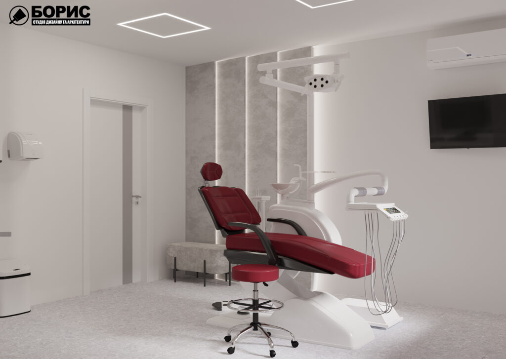 Дизайн-проект интерьера стоматологической клиники, с видом на кресло под углом