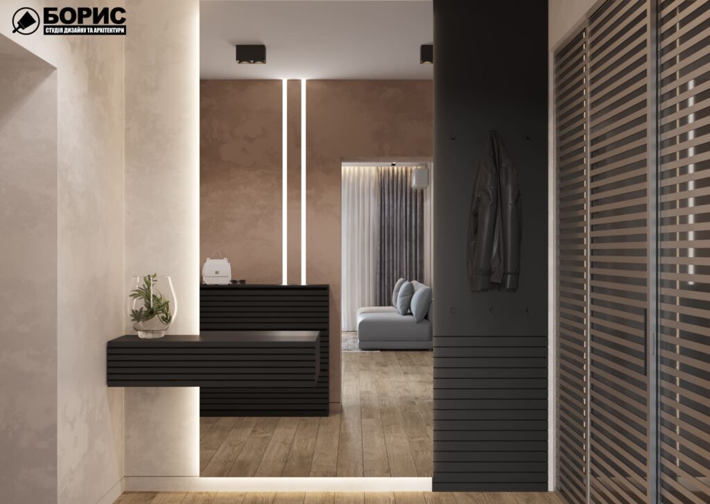 Дизайн-проект інтер'єру двоповерхової квартири в сел. Пісочин, передпокій вид на вітальню