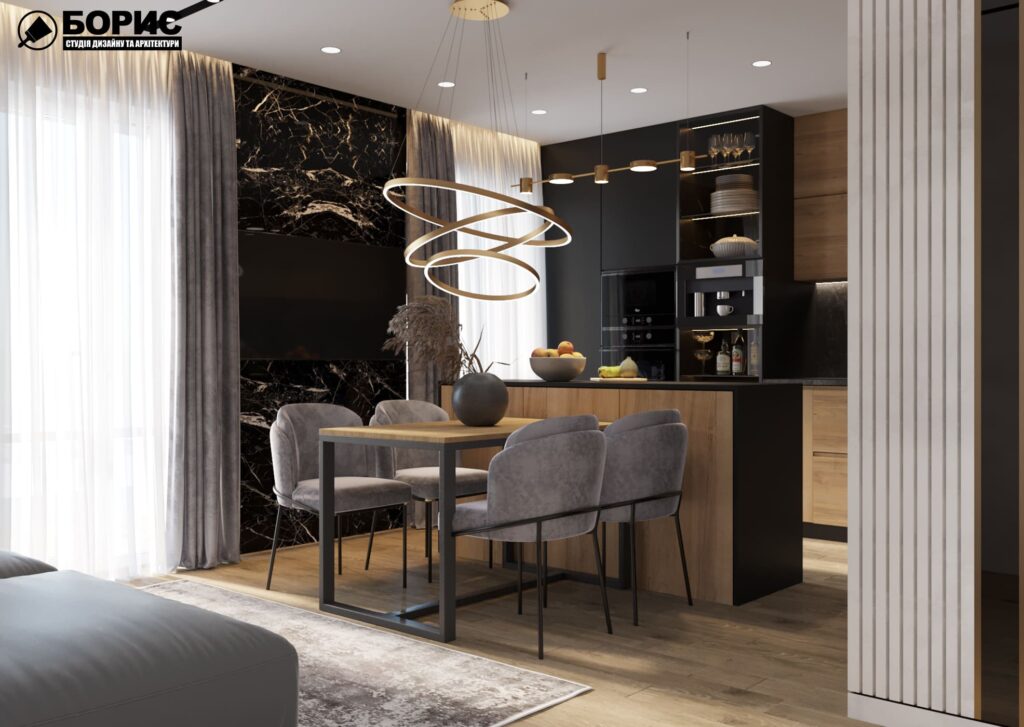 Дизайн-проект интерьера двухэтажной квартиры в пос. Песочин, кухня вид на обеденную зону