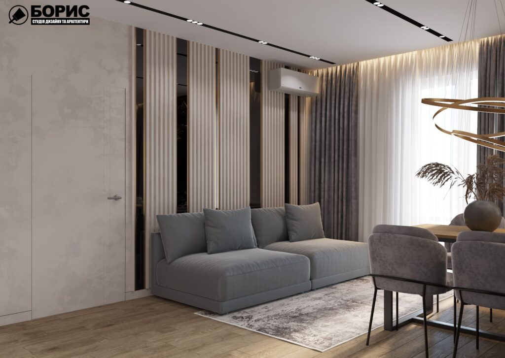 Дизайн-проект інтер'єру двоповерхової квартири в сел. Пісочин, кухня вид на диван