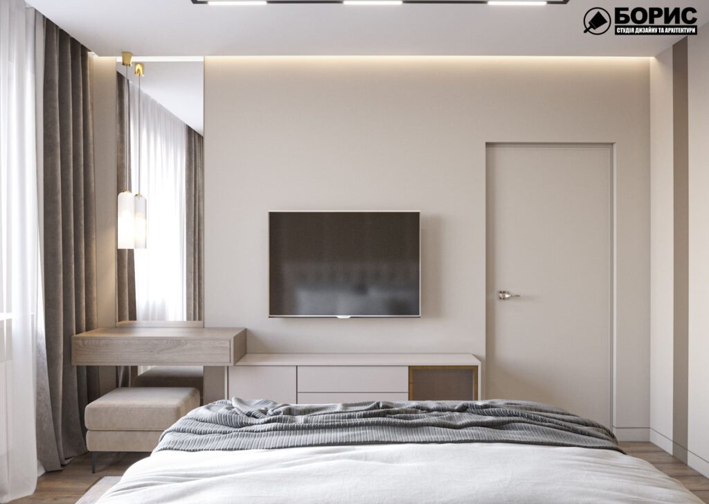 Дизайн-проект интерьера двухэтажной квартиры в пос. Песочин, спальня вид на телевизор