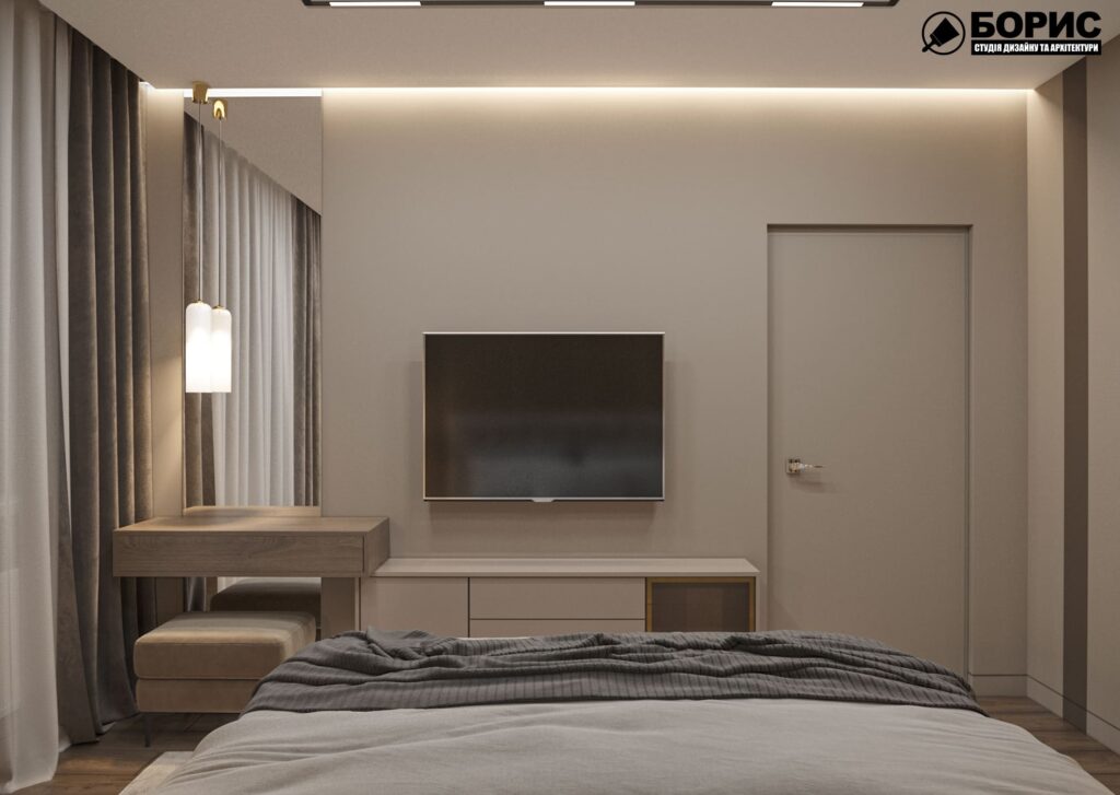 Дизайн-проект інтер'єру двоповерхової квартири в сел. Пісочин, спальня з видом на телевізор штучне світло