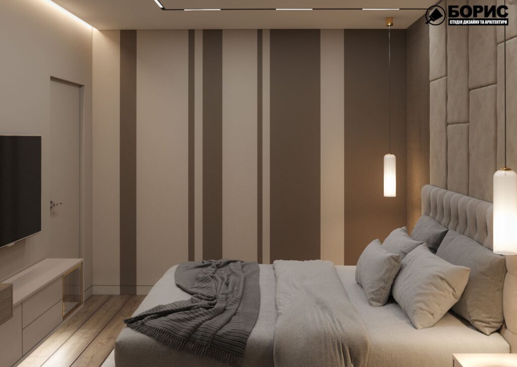 Дизайн-проект интерьера двухэтажной квартиры в пос. Песочин, спальня вид под углом искусственный свет с