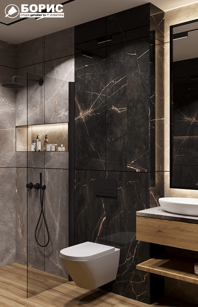 Дизайн-проект интерьера двухэтажной квартиры в пос. Песочин, санузел вид на унитаз