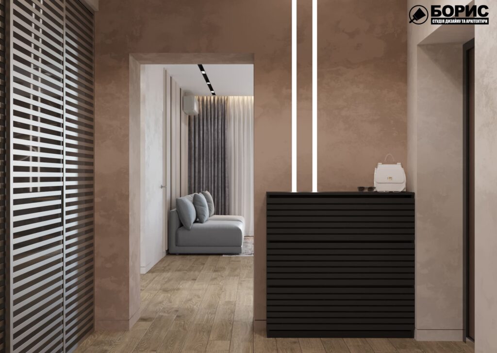 Дизайн-проект інтер'єру двоповерхової квартири в сел. Пісочин, передпокій вид на вітальню під іншим кутом