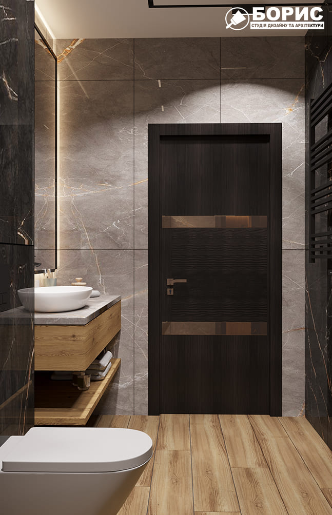 Дизайн-проект интерьера двухэтажной квартиры в пос. Песочин, санузел вид на дверь