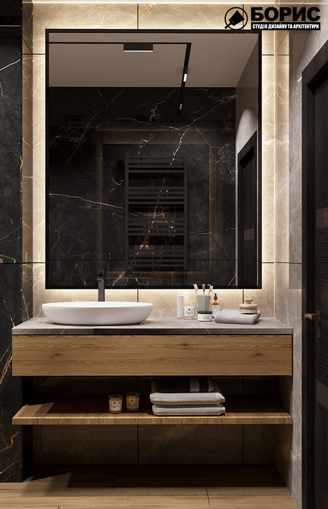 Дизайн-проект інтер'єру двоповерхової квартири в сел. Пісочин, санвузол вид на дзеркало