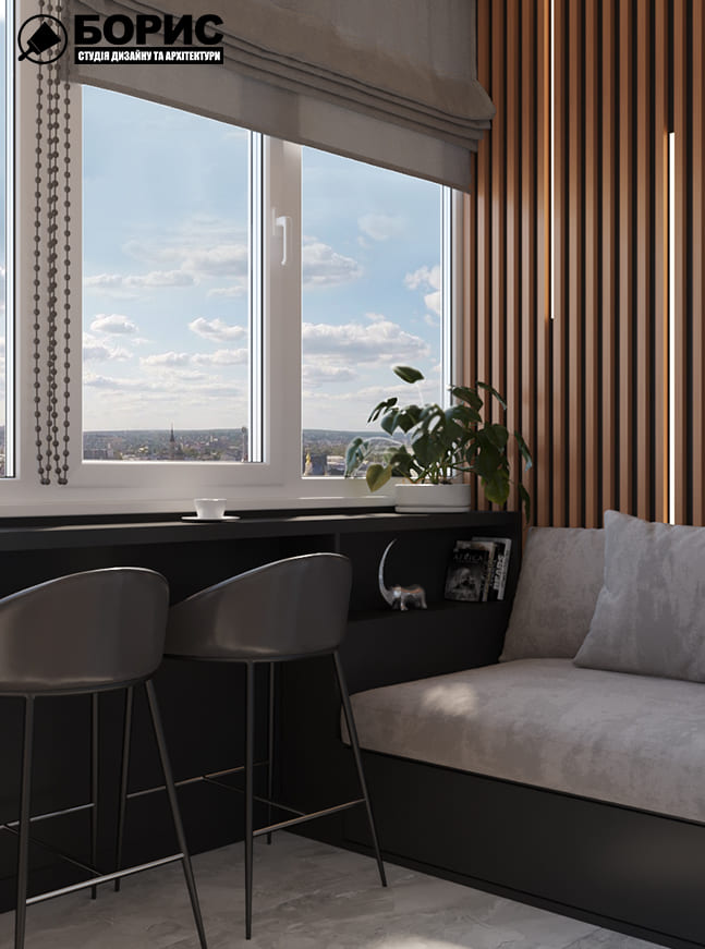 Дизайн-проект интерьера двухэтажной квартиры в пос. Песочин, лоджия вид на окно