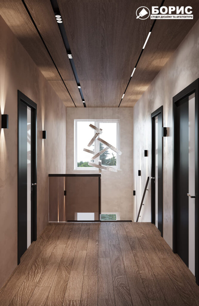 Дизайн-проект интерьера двухэтажной квартиры в пос. Песочин, холл вид на лестницу