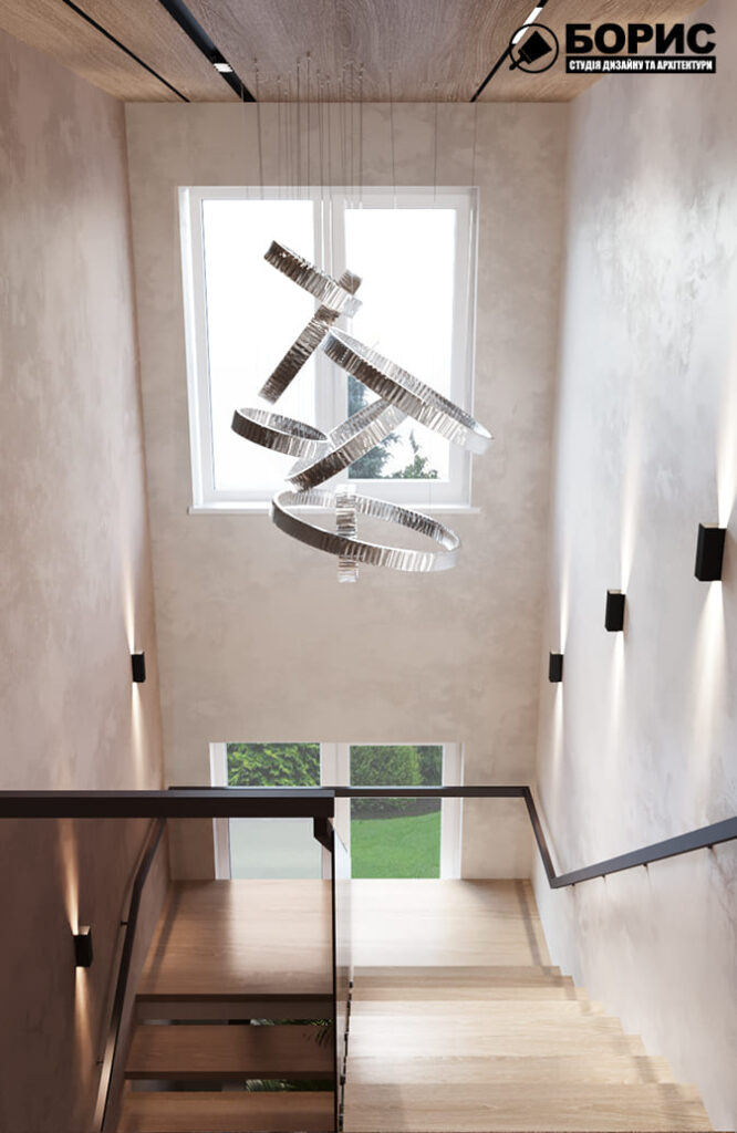 Дизайн-проект интерьера двухэтажной квартиры в пос. Песочин, холл вид на на лестницы