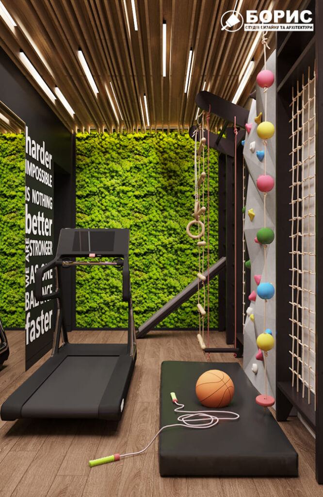 Дизайн-проект интерьера двухэтажной квартиры в пос. Песочин, тренажерный зал вид вдоль