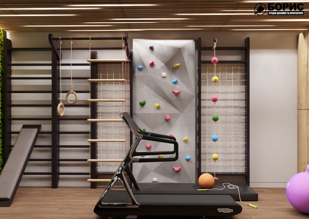 Дизайн-проект інтер'єру двоповерхової квартири в сел. Пісочин, тренажерний зал з видом на стіну