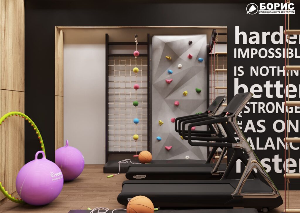 Дизайн-проект интерьера двухэтажной квартиры в пос. Песочин, тренажерный зал вид на стенку под другим углом